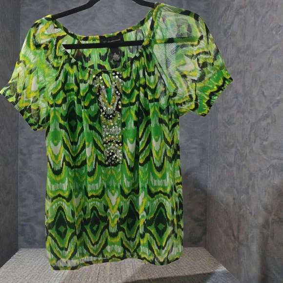 INC Green W Gem Stone Center Cap Sleeve Holiday Blouse SZ M - Picture 1 of 5